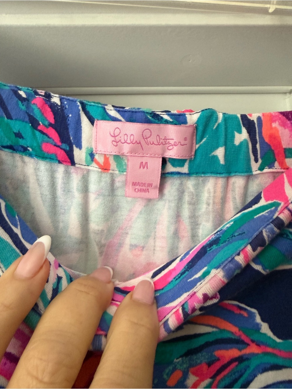 Lilly Pulitzer Off-Shoulder Tropical Leaf Print Jumpsuit in Pink & Teal - Picture 5 of 5